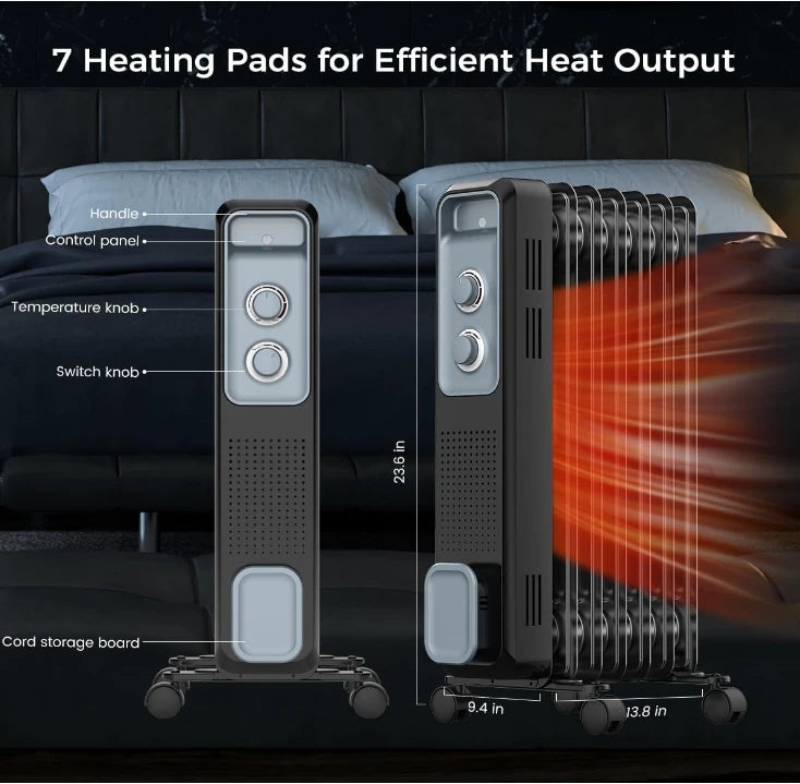 Oil-filled radiator heater, 1200W portable electric heater, 3 adjustable heating Settings, overheat and tip protection