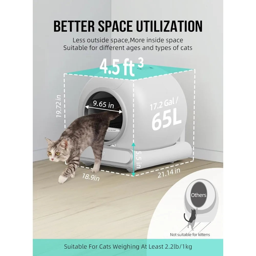 Self Cleaning Cat Litter Box, Automatic Cat Litter Box with Mat & Liners, 65L+9L Large Capacity Self Cleaning Litter Box