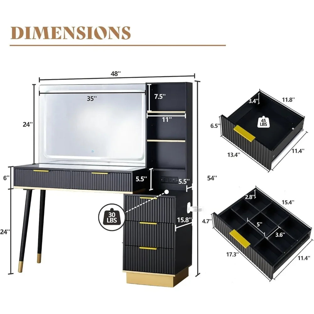 Vanity Desk with 35" Large Lighted Mirror, Big Modern Makeup Vanity Table with 5 Drawers & Shelves, Dressing Table