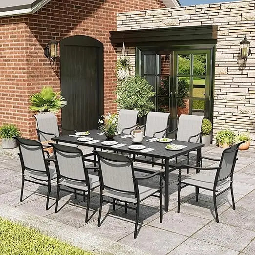 9 Piece Patio Dining Set, 8 X Textilene Dinings Chairs, with 1.57" Umbrella Hole, Outdoor Dining Table Sets