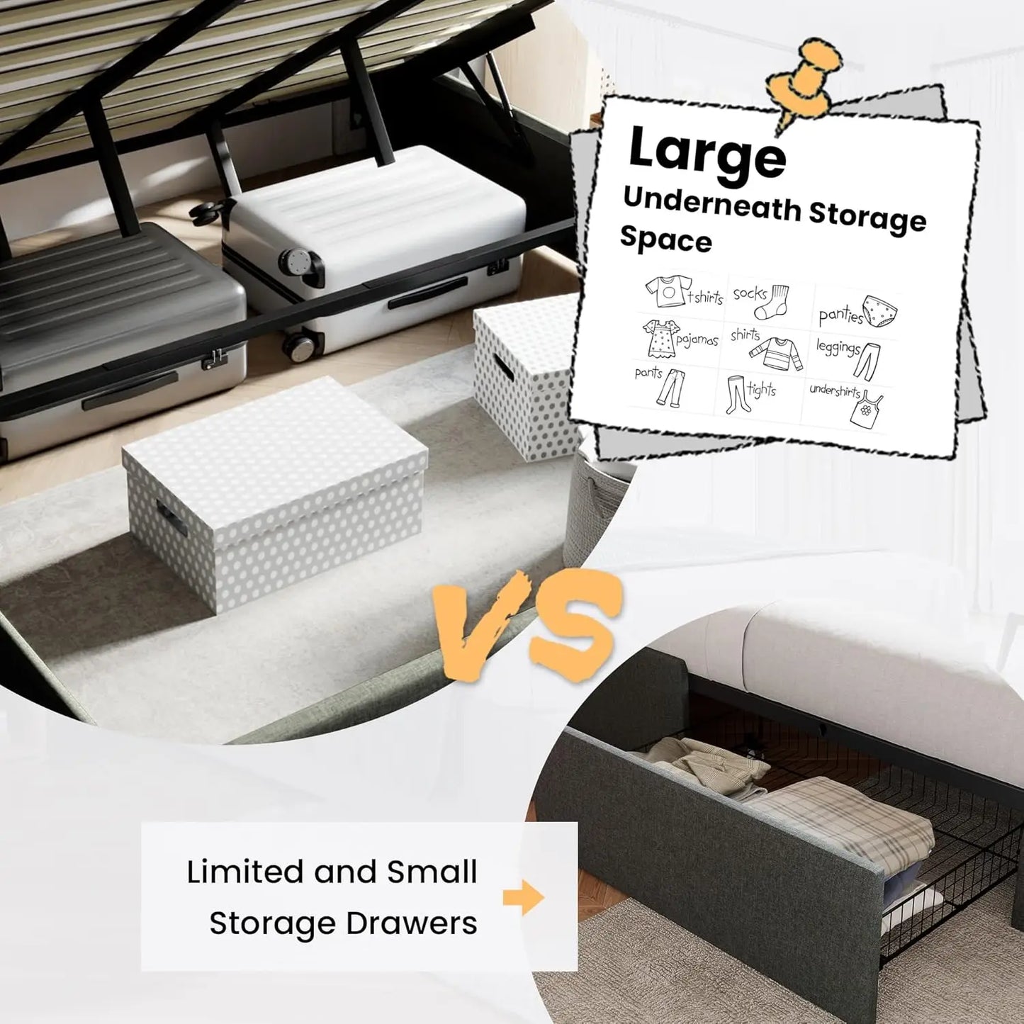 King Size Lift Up Storage Bed/Modern Wingback Headboard/Upholstered Platform Bed Frame/Hydraulic Storage/No Box Spring