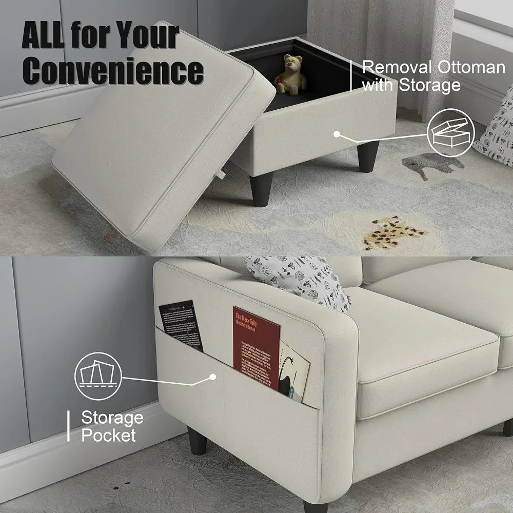 Convertible Sectional Sofa Couch,3-Seat L-Shaped Sofa with Reversible Storage Ottoman and Pockets, Sofa Furniture Sets