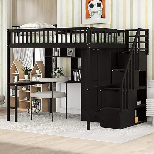 Bunk Bed,Full Loft Beds Stairway Loft Bed Frame with Wardrobe, Desk, Bookcase and Drawers, Solid Wood Bunk Beds