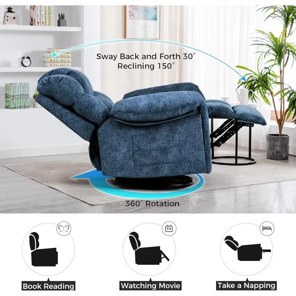 Recliner Chair Massage Rocker Swivel Heated with Hideable Cup Holders, for Adults Living Room (9020-Blue9),Living Room Chairs