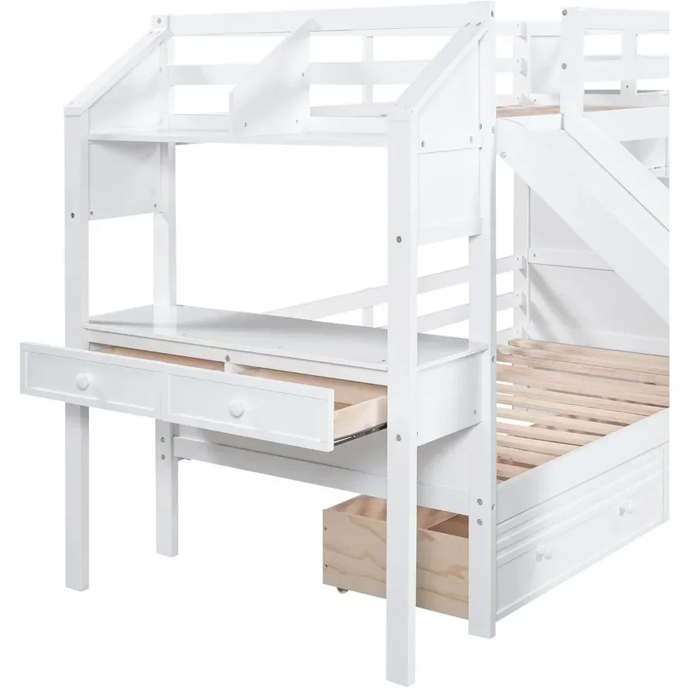 Twin Over Twin Bunk Bed with Stairs, Slide, Desk, Solid Wood Bunk Bed with Storage Drawers and Shelves for Kids Bunk Bed