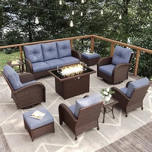 10 Pieces Outdoor Furniture Sets, Fire Pit Table, Wicker Rattan High Back Outdoor Swivel Rocking Chairs, Garden Furniture Sets