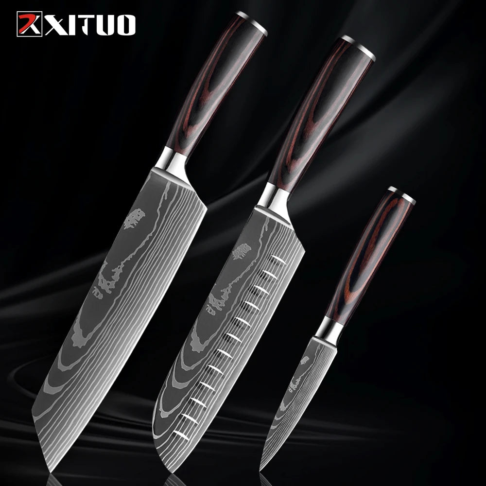 XITUO Kitchen Knife Set 1-9PCS,7Cr17Mov Stainless Steel Sharp Chef Knife Santoku Knife Fruit knife Ergonomic Pakkawood Handle