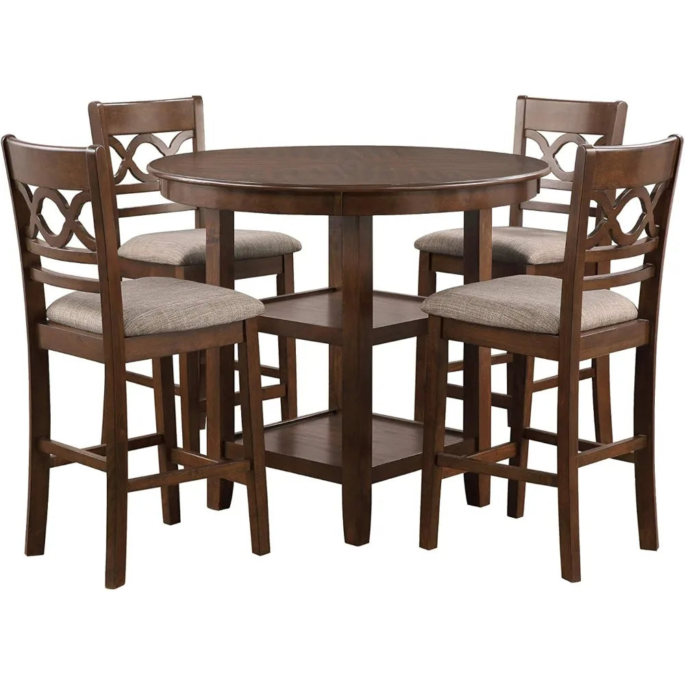 5-Piece Round Counter Set with 1 Dining Table and 4 Chairs, 42-Inch, Cherry Brown, Dining Room Sets