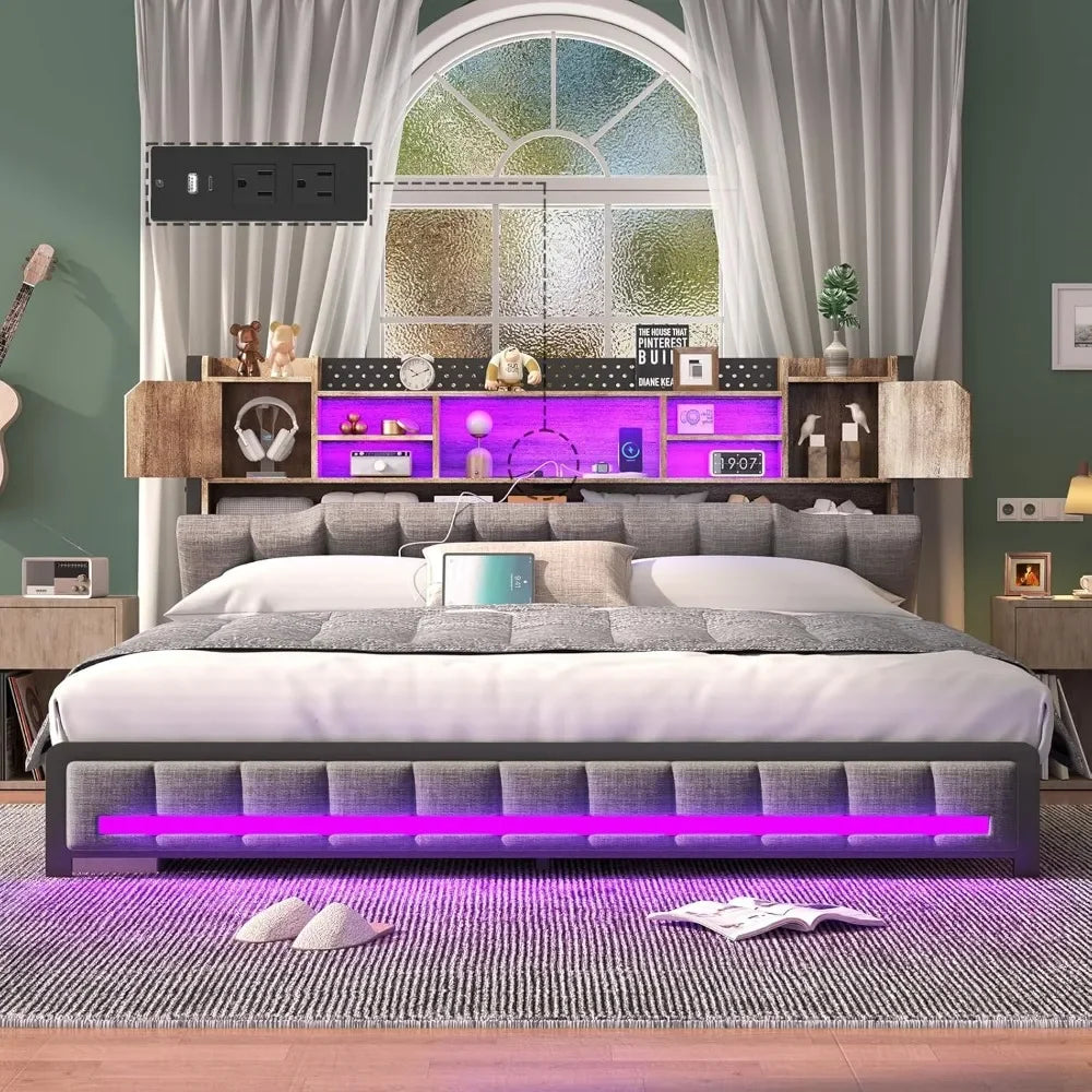 Queen Bed Frame with 3-Tier Headboard & 2 Hidden Storage, LED Lights Upholstered Bed Frame Queen Size with Charging Station.