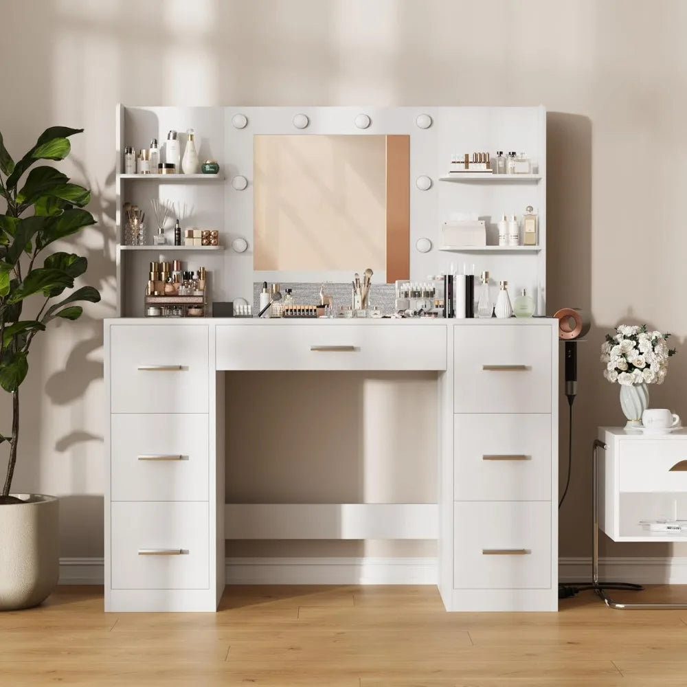 Vanity Desk with Mirror, LED Lights and Power Outlet with 7 Drawers and 6 Storage Shelves Dressing Table for Dressing Room