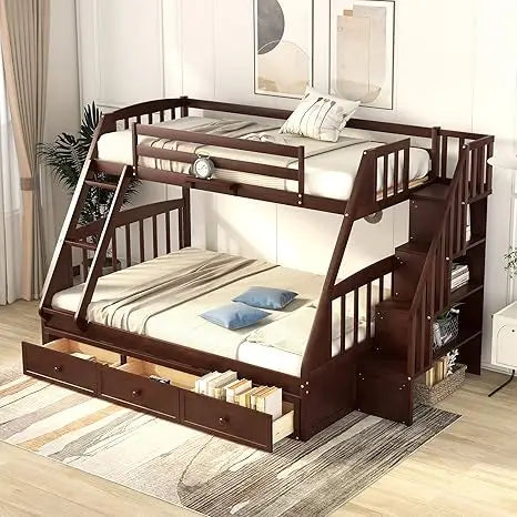 Twin-Over-Full Bunk Bed, with Stairs and Storage Drawers, Ladder, for Kids Teens Adults, Solid Wood Bunk Bed Frame