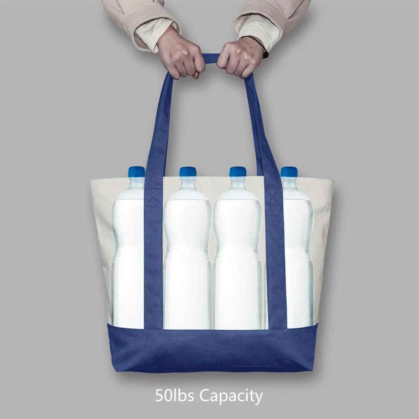 30-Pack Stylish Canvas Tote Bag with an External Pocket, Top Zipper Closure, Daily Essentials (Blue/Natural)