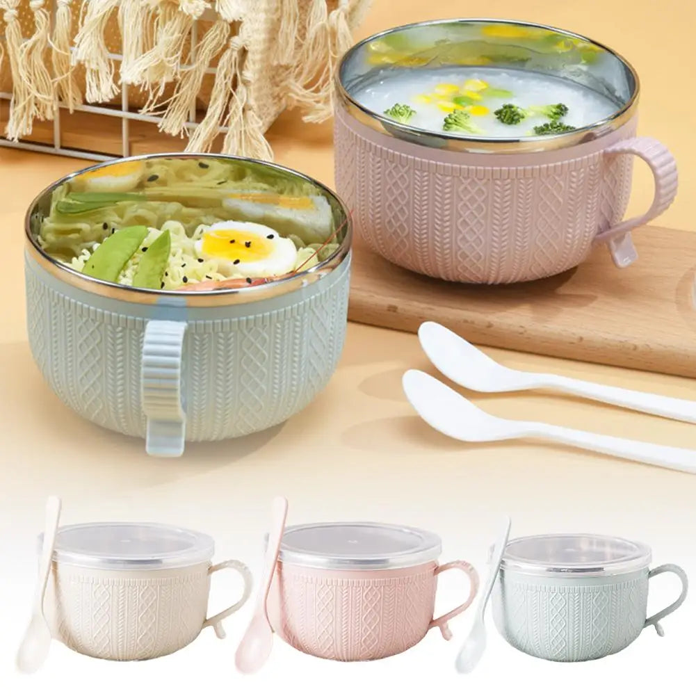 Stainless Steel Double-layer Ramen Noodles Bowl Anti-scalding Lid With Large And Noodle Capacity Bowl Spoon Tableware Insta Y4q5