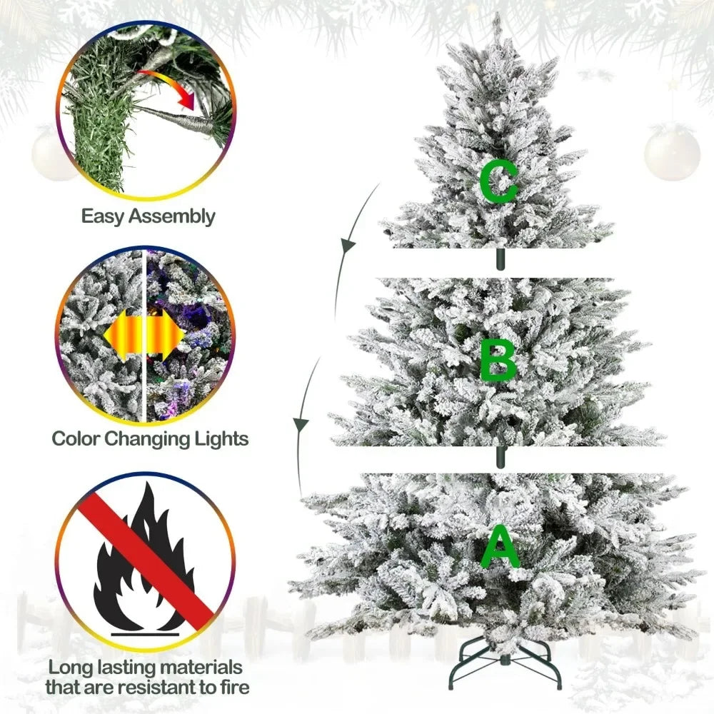 6.5 ft Prelit Snow Flocked Christmas Tree, Artificial Christmas Tree with 350 Color Changing LED Lights, 2024 PE&PVC Br