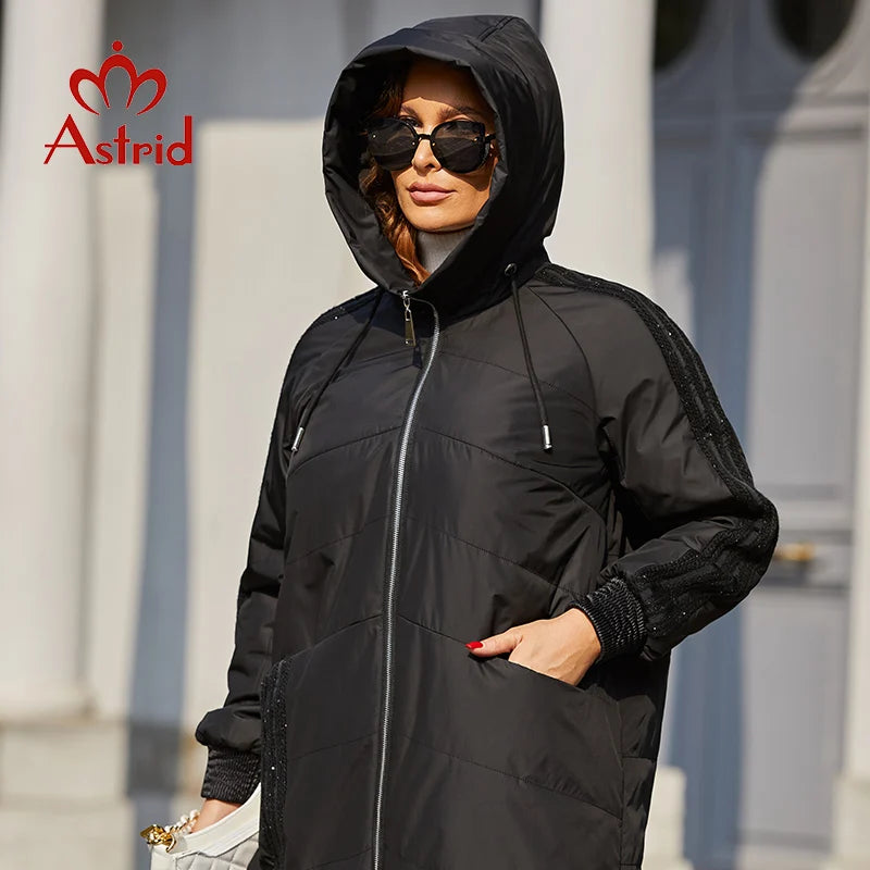 Astrid 2022 Spring Women's Parkas Plus Size Padded Coats Hooded Fashion Wool Textile Stitching Jacket Outerwear Quilted AM-10122