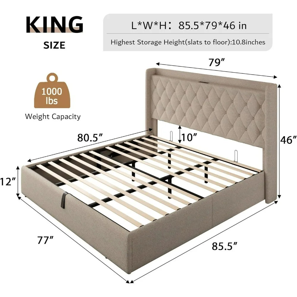 Hydraulic Storage Queen Bed No Box Spring Needed Bunk Beds Upholstered Platform Bed Frame With Tufted Headboard Noise-Free Beige