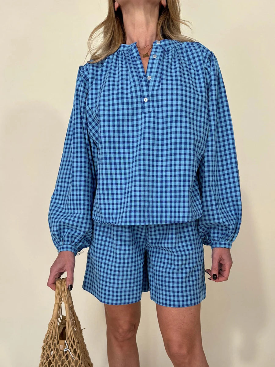 Women Pajamas Set 2 Pieces Loungewear Suits Plaid Buttons Long Sleeve Loose Tops and Shorts Sleepwear Outfits