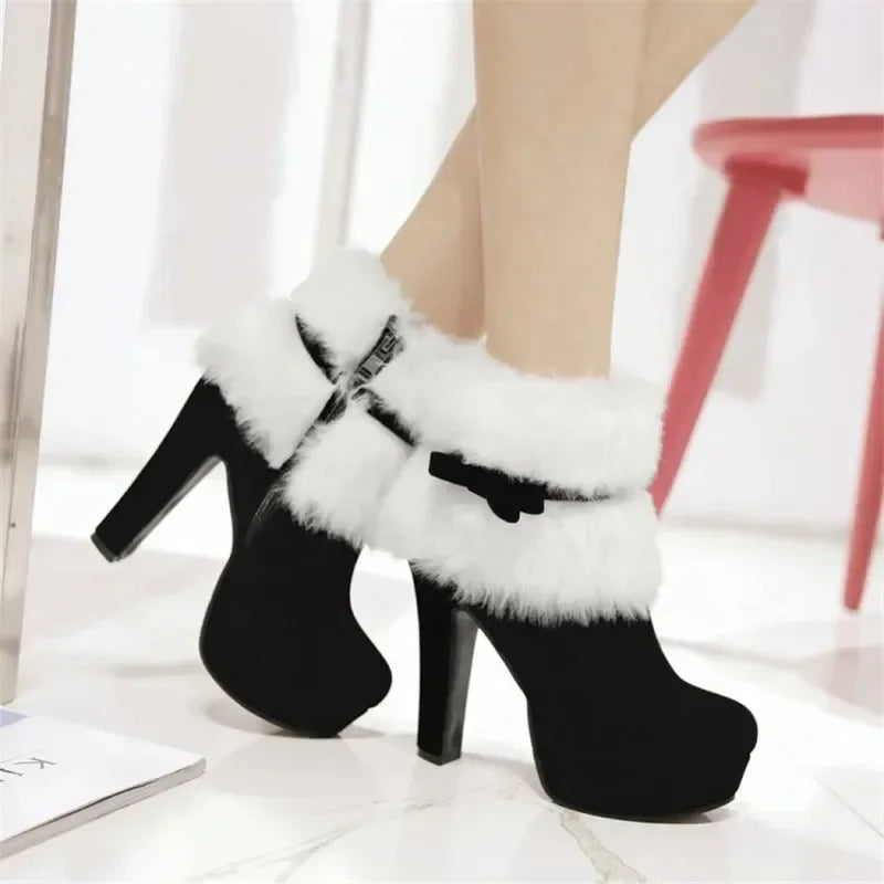 Winter Women Ankle Boots Christmas High Heels Platform Shoes Femme Warm Fur Short Boots Red Black Ladies Party Shoes Plus Size