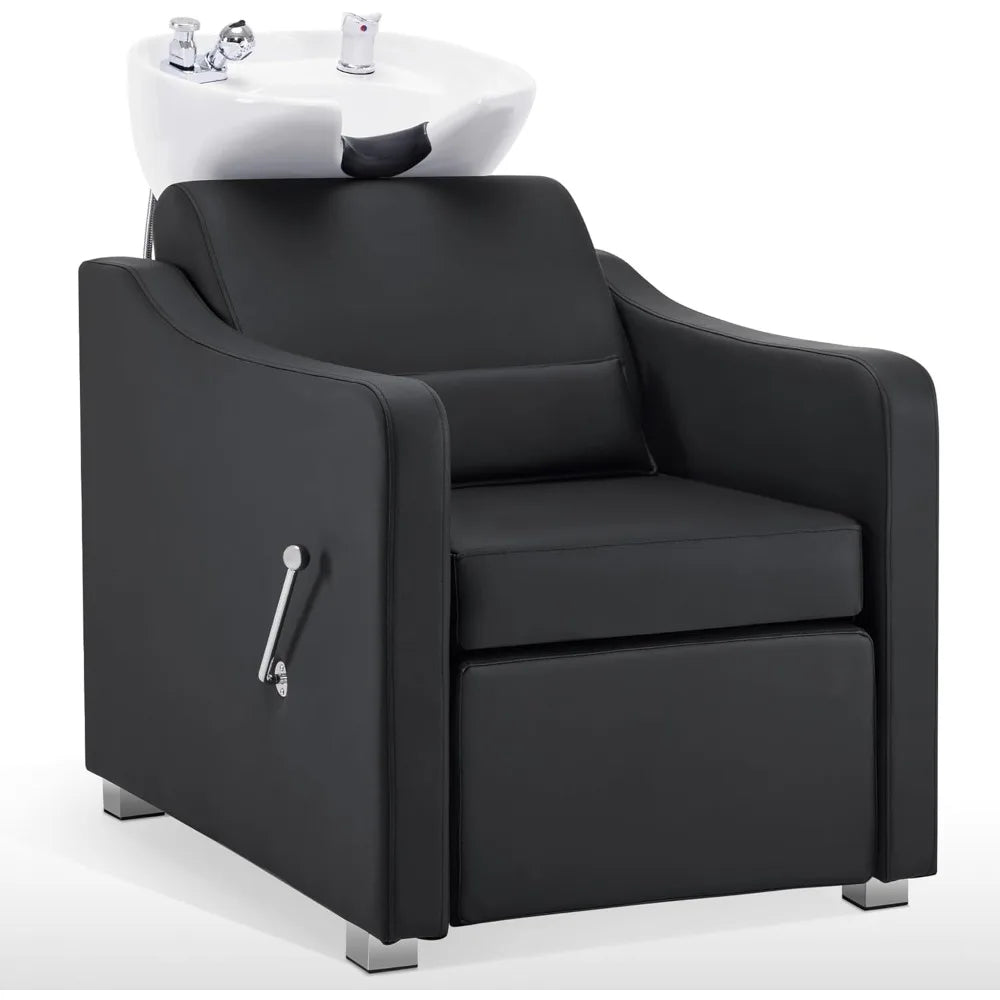 Shampoo Station Chair, Adjustable Porcelain Ceramic Hair Wash Bowl with Chair, Shampoo Station for Barber Shop, Shampoo Chairs