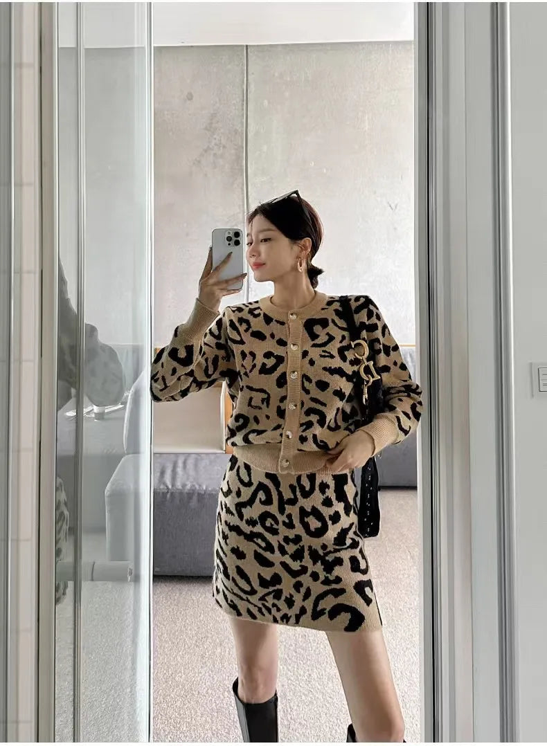 Women's Autumn Vintage Leopard Print Knitted Suit Single-Breasted Cardigan Sweater + Elastic Waist Pencil Skirts 2 Piece Sets