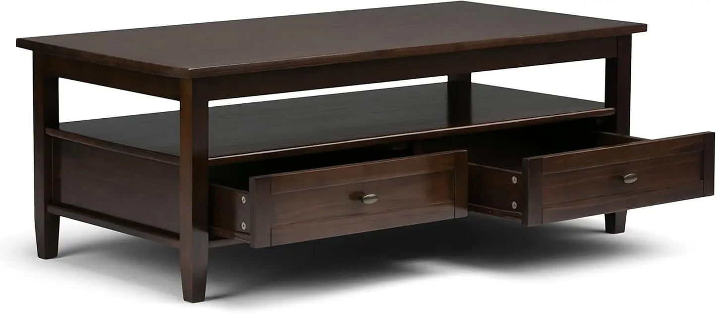 Shaker SOLID WOOD 48 inch Wide Rectangle Rustic Coffee Table in Tobacco Brown, for the Living Room and Family Room