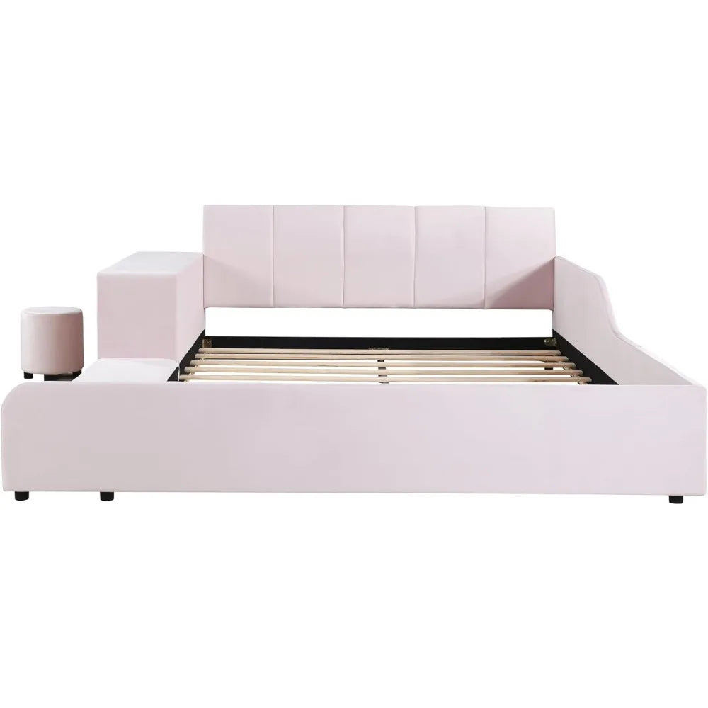 Velvet Upholstered Grounded Platform Bed,Wooden Queen Size Mother & Child FrameKids Furniture Floor Platform Bed