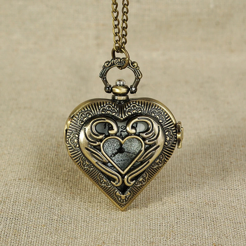 Vintage Bronze Heart Shape Design Pendant Quartz Pocket Watch with Necklace Chain Leisure Men's Gift Clock Accessories