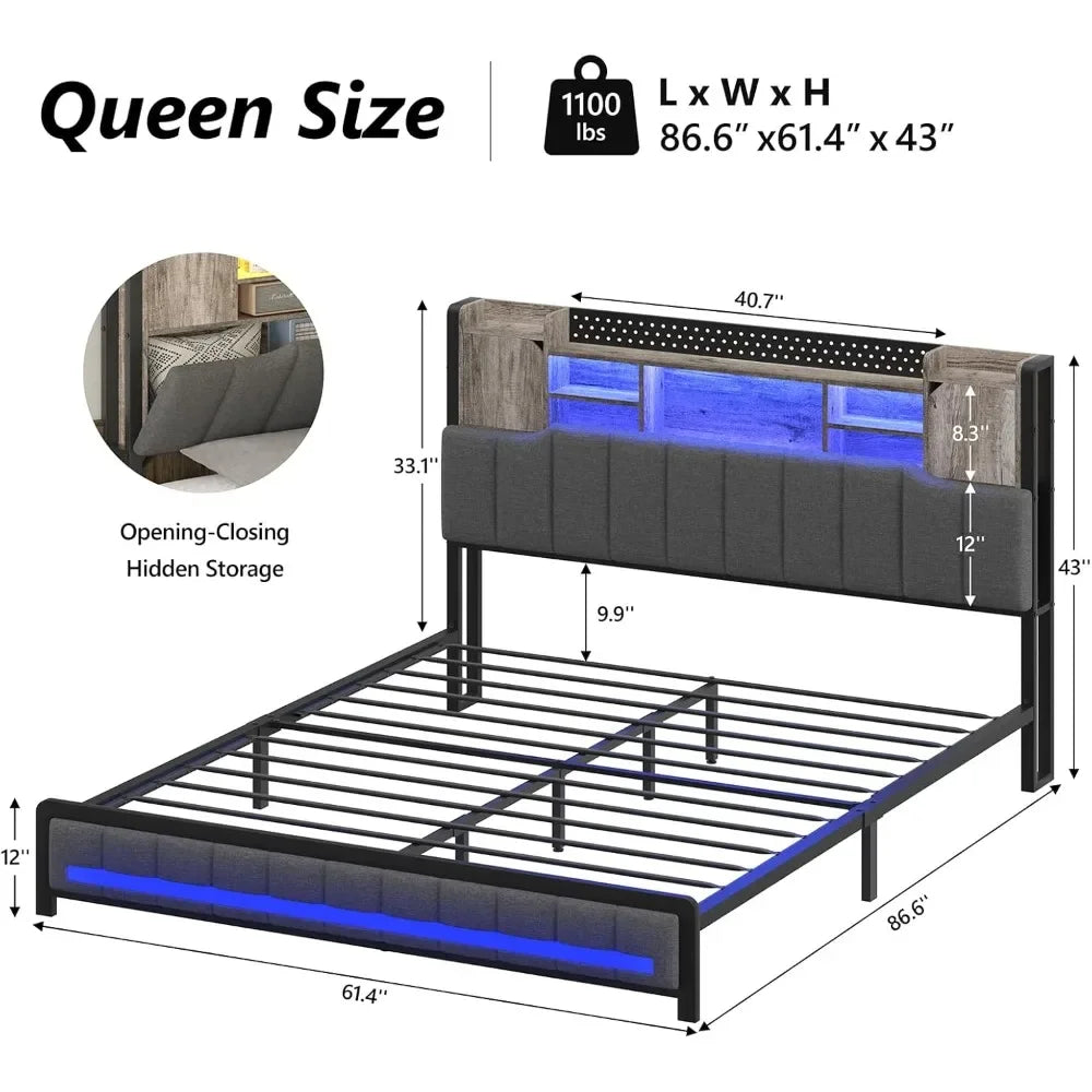 Queen Bed Frame with 3-Tier Headboard & 2 Hidden Storage, LED Lights Upholstered Bed Frame Queen Size with Charging Station.