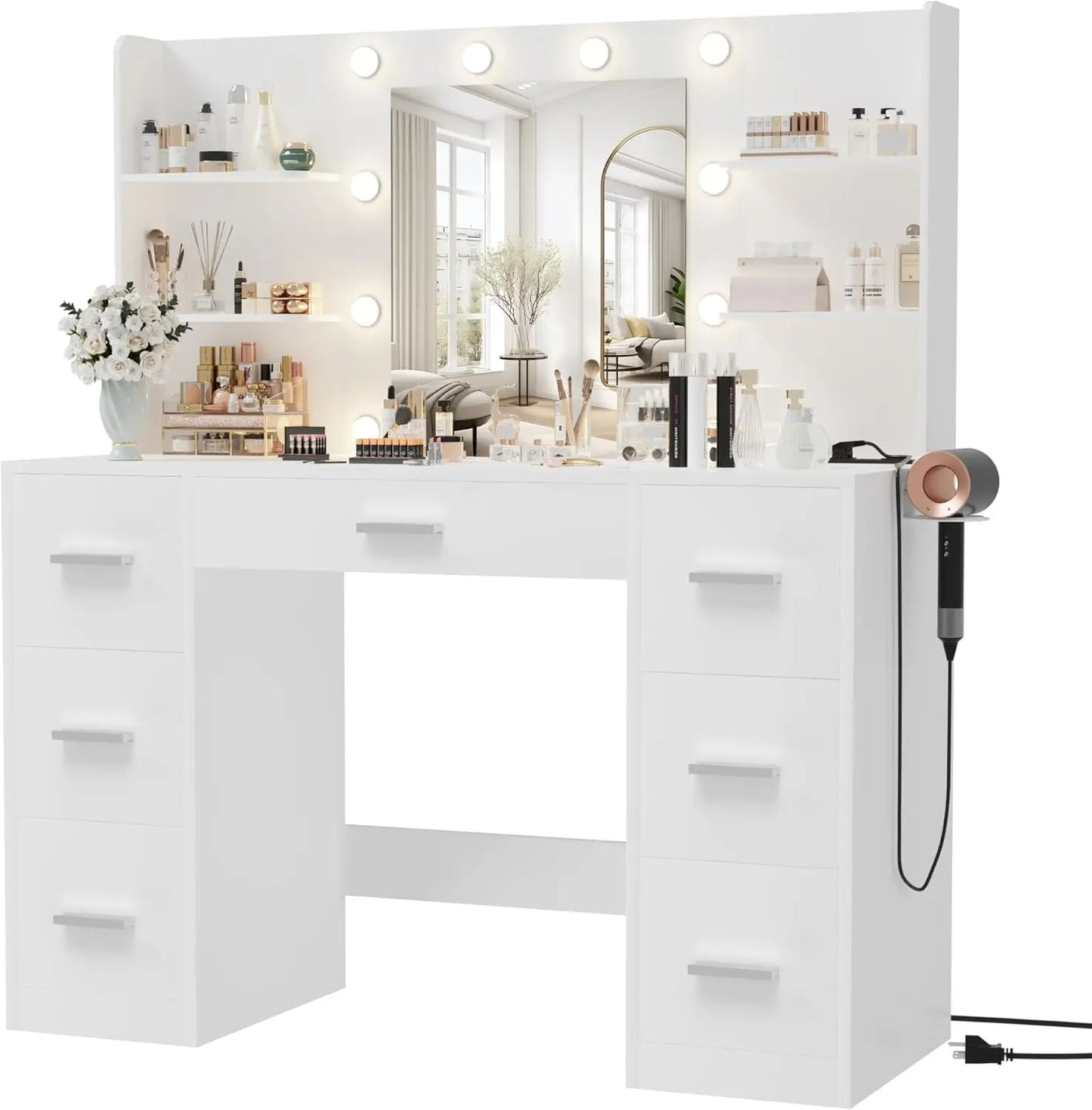 Vanity Desk with Mirror, LED Lights and Power Outlet with 7 Drawers and 6 Storage Shelves Dressing Table for Dressing Room