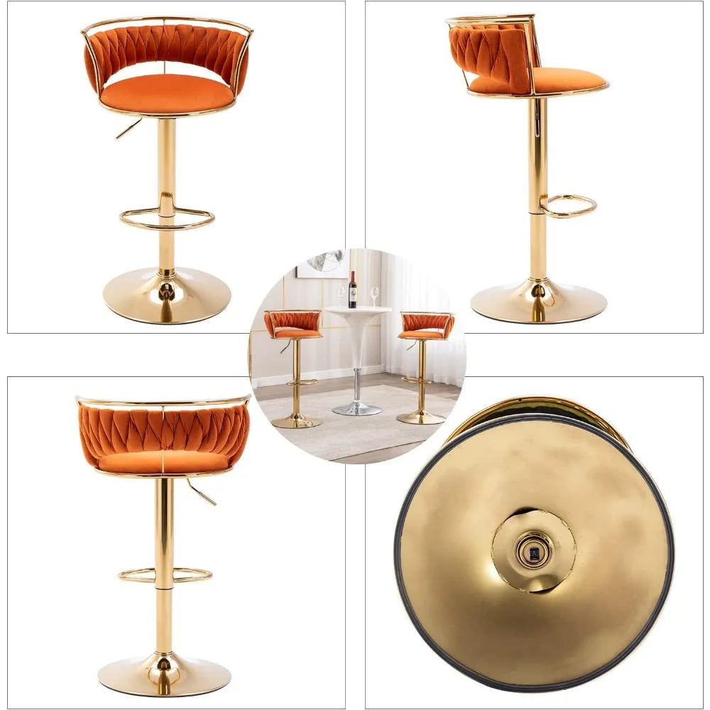 Swivel Bar Stools Set of 2, Velvet Adjustable Height Barstools Low Back Kitchen Island Counter with Golden Base Modern Bar Chair