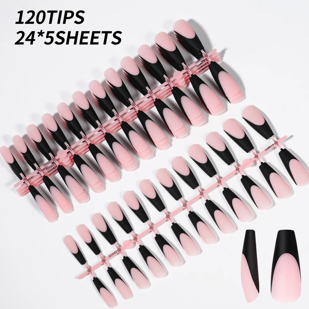 120PC Black French Gel Nail Tips Matte Long Coffin Press on Nails 12size Pre-lasting Natural Artificial False Tips Nail Supplies