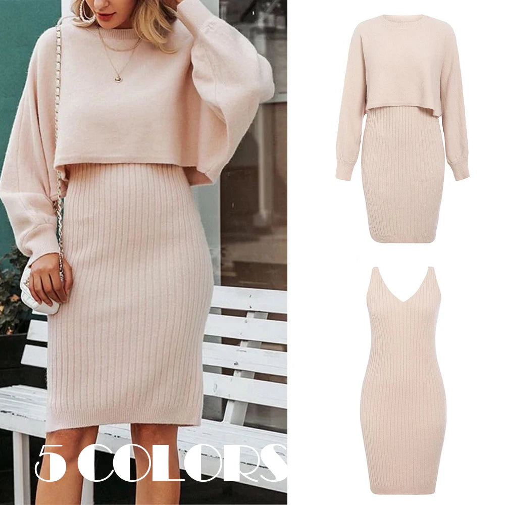 2024 autumn new two-piece set, soft versatilelazy fashionable solid color long sleeve pullover+ woolen halter V-neck long dress