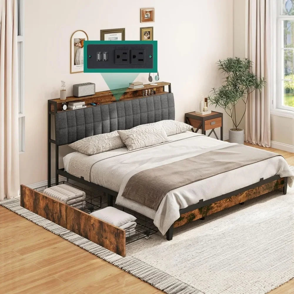 Queen Size Bed Frame, Upholstered Platform Bed Frame with Charging Station/4 Drawers, Storage Headboard Metal Bed Frame with USB