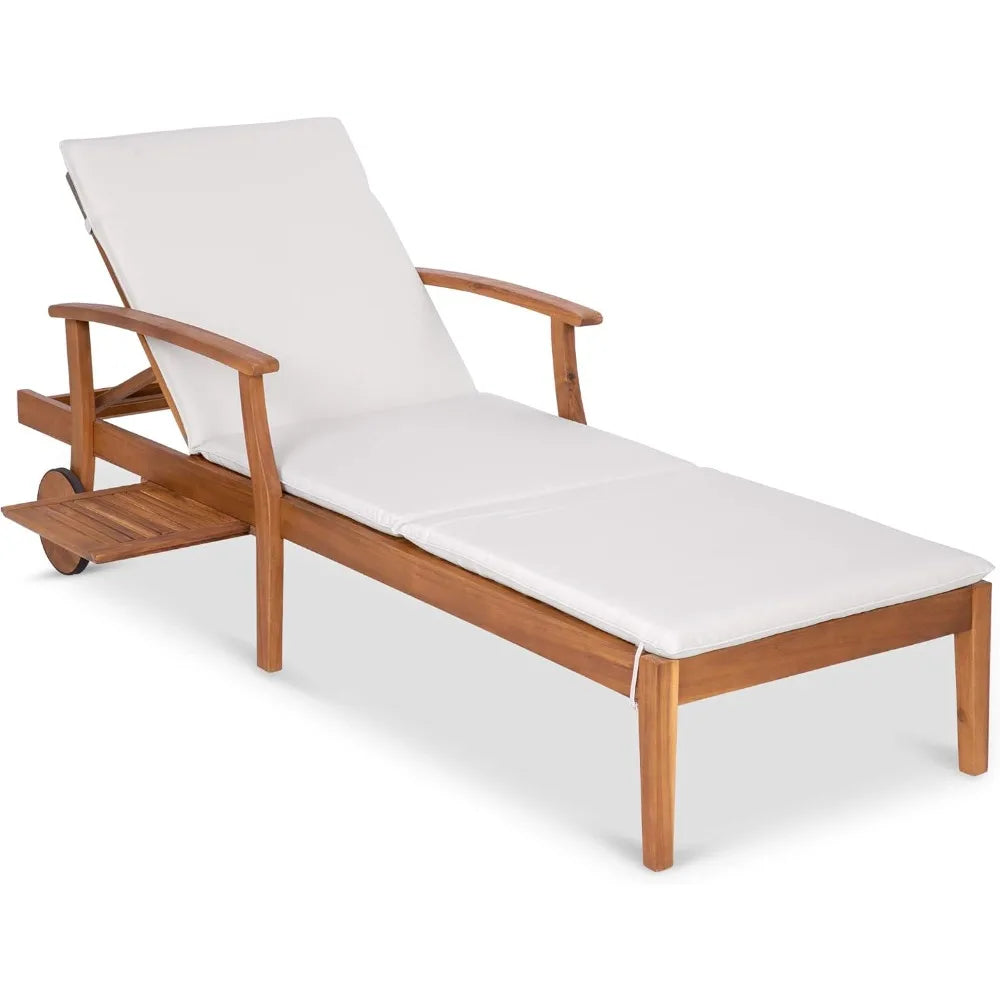 79x26in Acacia Wood Chaise Lounge Chair Recliner,Outdoor Furniture for Patio,Poolside w/Slide-Out Side Table,Foam-Padded Cushion