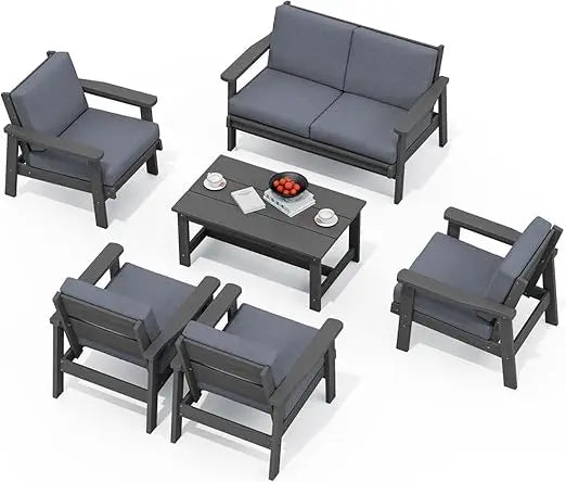 Outdoor Sectional Furniture, All-Weather Wood-Like Outdoor Couch Loveseat and Coffee Table,6 Piece Outdoors Patio Furniture Set