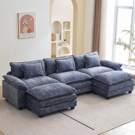 Sectional Sofa Comfy Cloud Couch for Living Room with Pillows, Modern Chenille Sofa Sleeper Deep Couches with Two Ottomans