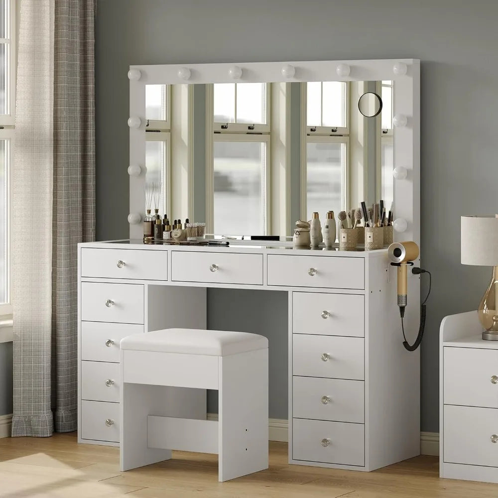 Vanity Desk with Power Outlet, Mirror and 12 LED Lights, 3 Lighting Modes, 11 Drawers Vanity Table with Chair, Glass Top