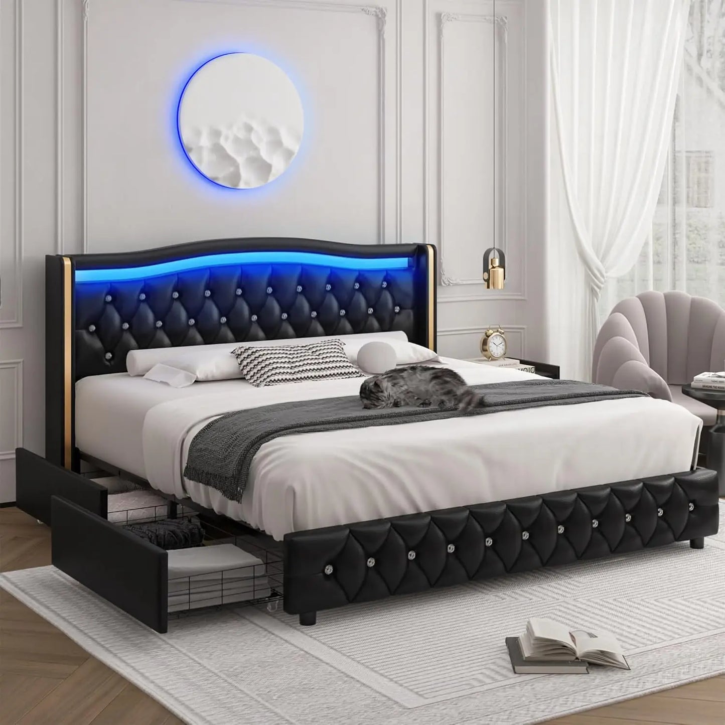 LED Platform Bed Frame with 4 Storage Drawers, Crystal Button-Tufted & Stainless Gold Trim Wingback Headboard, Bed Bases