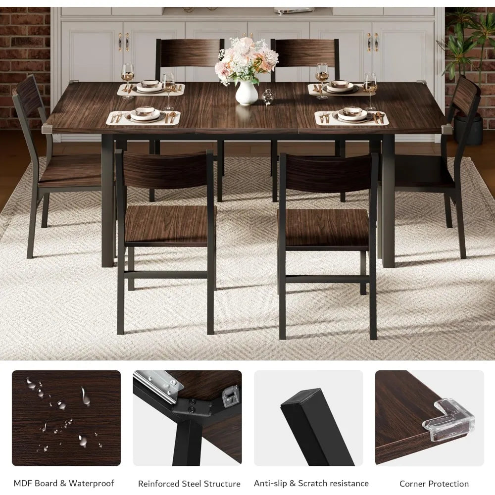 7 Pieces Dining Table & Chairs Set for 4-6,  Dining Room Table with MDF Board & Metal Frame