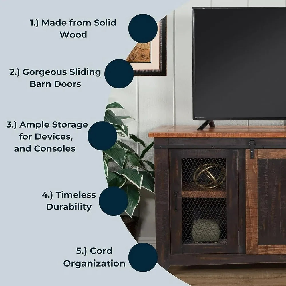 Santa Fe 70" Solid Wood TV Stand, 65"W x 35"H x 19"D, Antique Black and Aged Distressed Pine Sliding Barn Doors. Solid Wood .