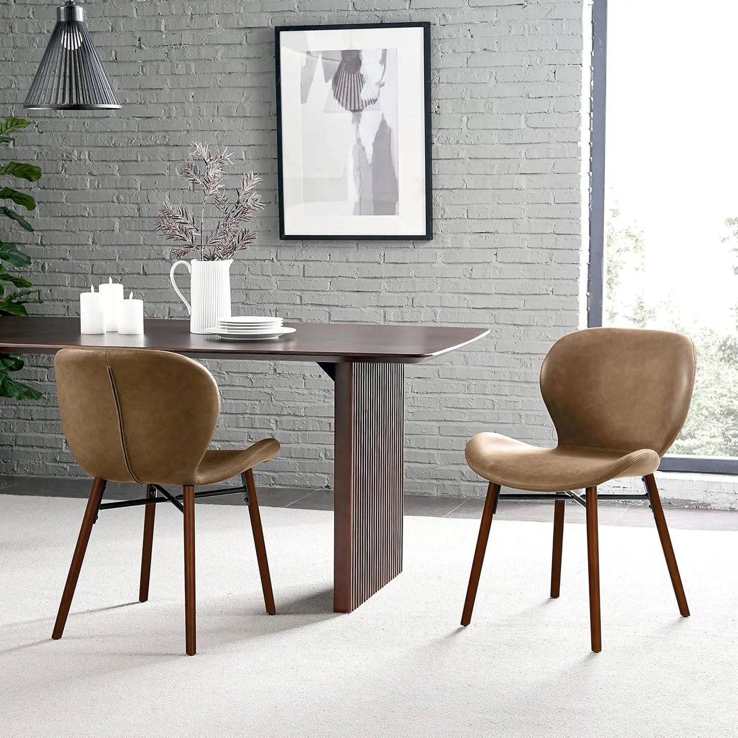 Century Modern Dining Chair Set of 4 Faux Leather Side Chair with Walnut Color Wood Legs for Kitchen Dining Room