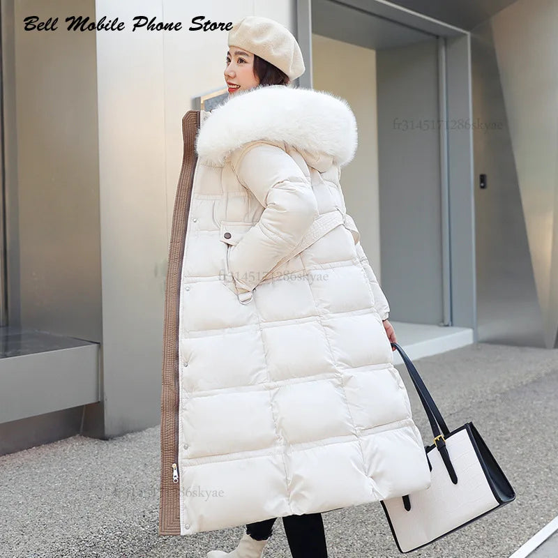 Long Parker Coat Jacket 2024 Women Autumn Winter Thick Warm Coats Woven Block Trend Hooded White Black Korean Coat Parkas