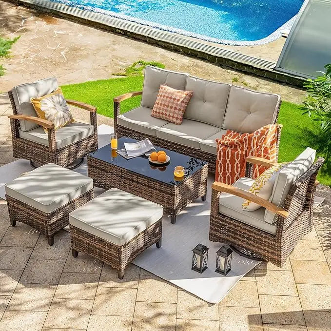 Patio Furniture Sets, with 2 Wood Armrests Swivel Rocker Chairs, 3-Seat Sofa, 6Pieces Outdoor Rattan Furniture Conversation Sets