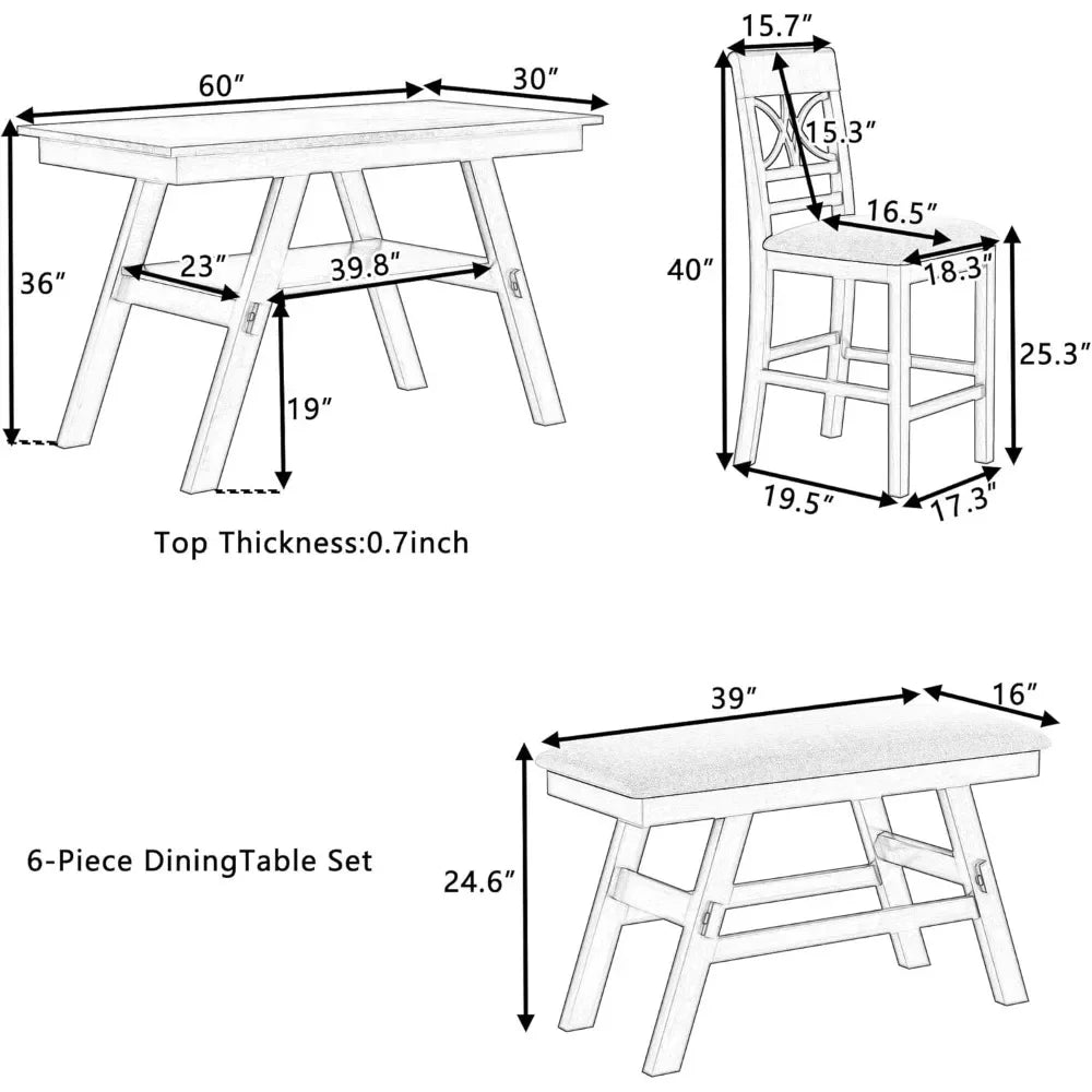 6-Piece Counter Height Dining Table Set,Farmhouse Rustic Kitchen Dining Room Table Set with Padded 4 Chairs and Bench