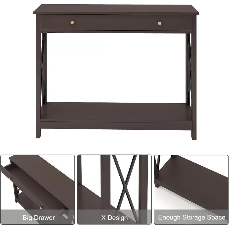 Black Console Table with Drawer and Storage Shelves, Foyer Sofa Table Narrow for Entryway, Living Room, Hallway