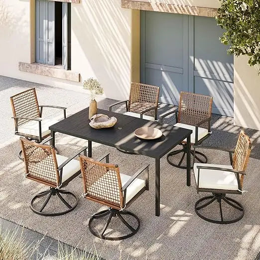 7 Pieces Patio Dining Set, with Soft Cushion and Iron Slats Table Top with Umbrella Hole, Outdoor Furniture Sets