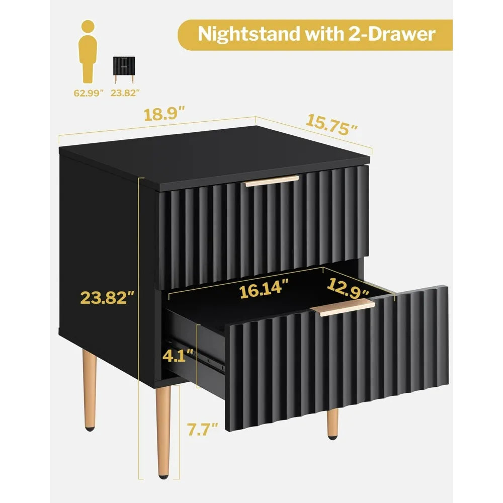 Wide Fluted Nightstand With 2 Drawers Nightstands Bedroom Bedside Tables End Side Table With Golden Metal Legs and Handles Night