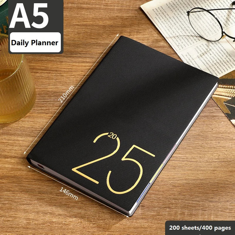 School Agenda 2025 Planner, Stamping PU Texture Cover Writing Smooth Annual Notebook, Month Index Timekeeper Planning Assistant