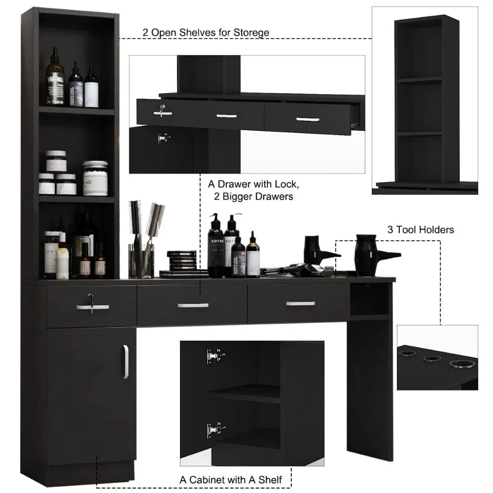 Station Wall Mount Hair Styling Salon Equipment Set Beauty Spa Furniture Set, Lockable Left Shelf, Mirror not Included