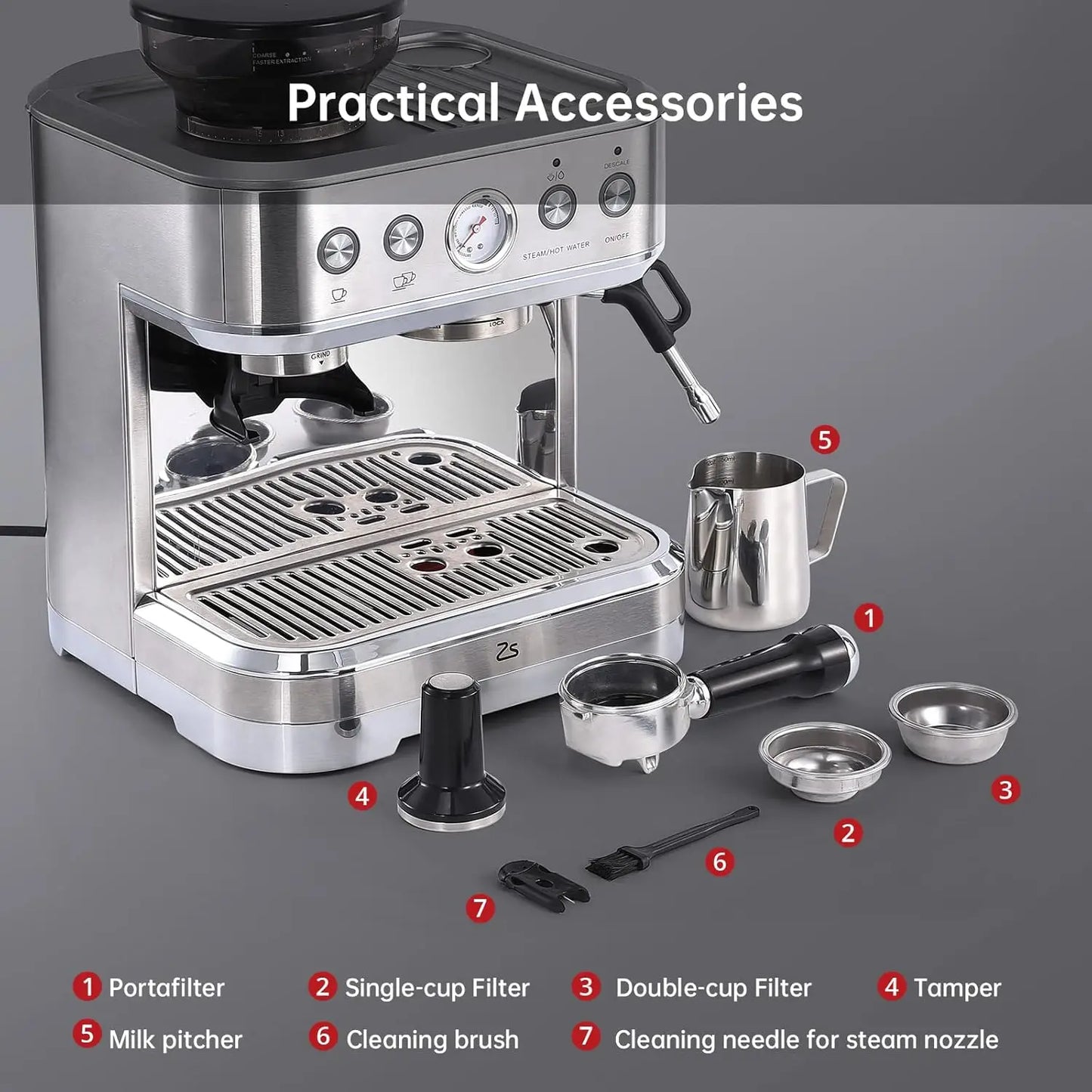 Semi Automatic Espresso Maker with Grinder, Stainless Steel, Latte and Cappuccino Espresso Machine w/Automatic Milk & 95oz Water